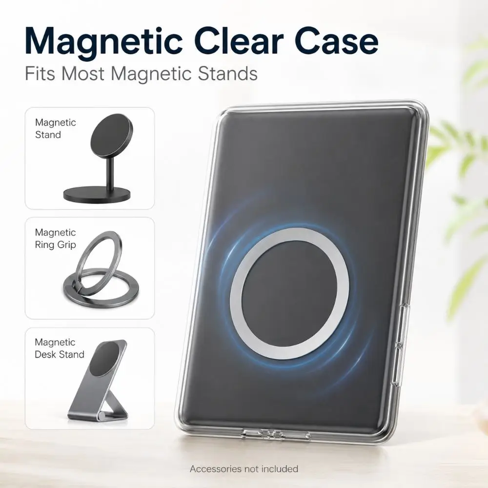 Magnetic Ring Clear Case Acrylic Back 0.3mm Raised Edge Magnetic Cover for Kindle Paperwhite 12th 2022/2024 Colorsoft