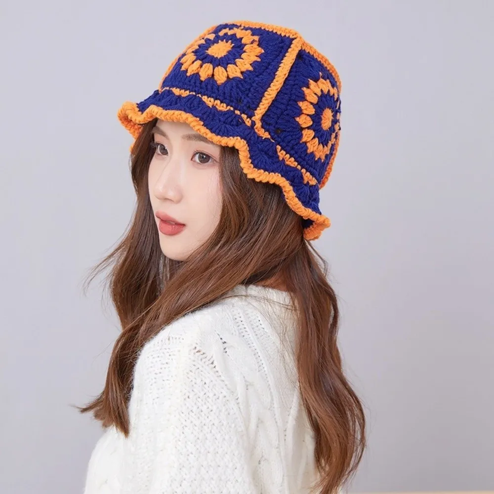 

Unique Fleece thread Knitted Fisherman Hat Hollow Korean Style Flower Sun Hat Bucket Hat Women