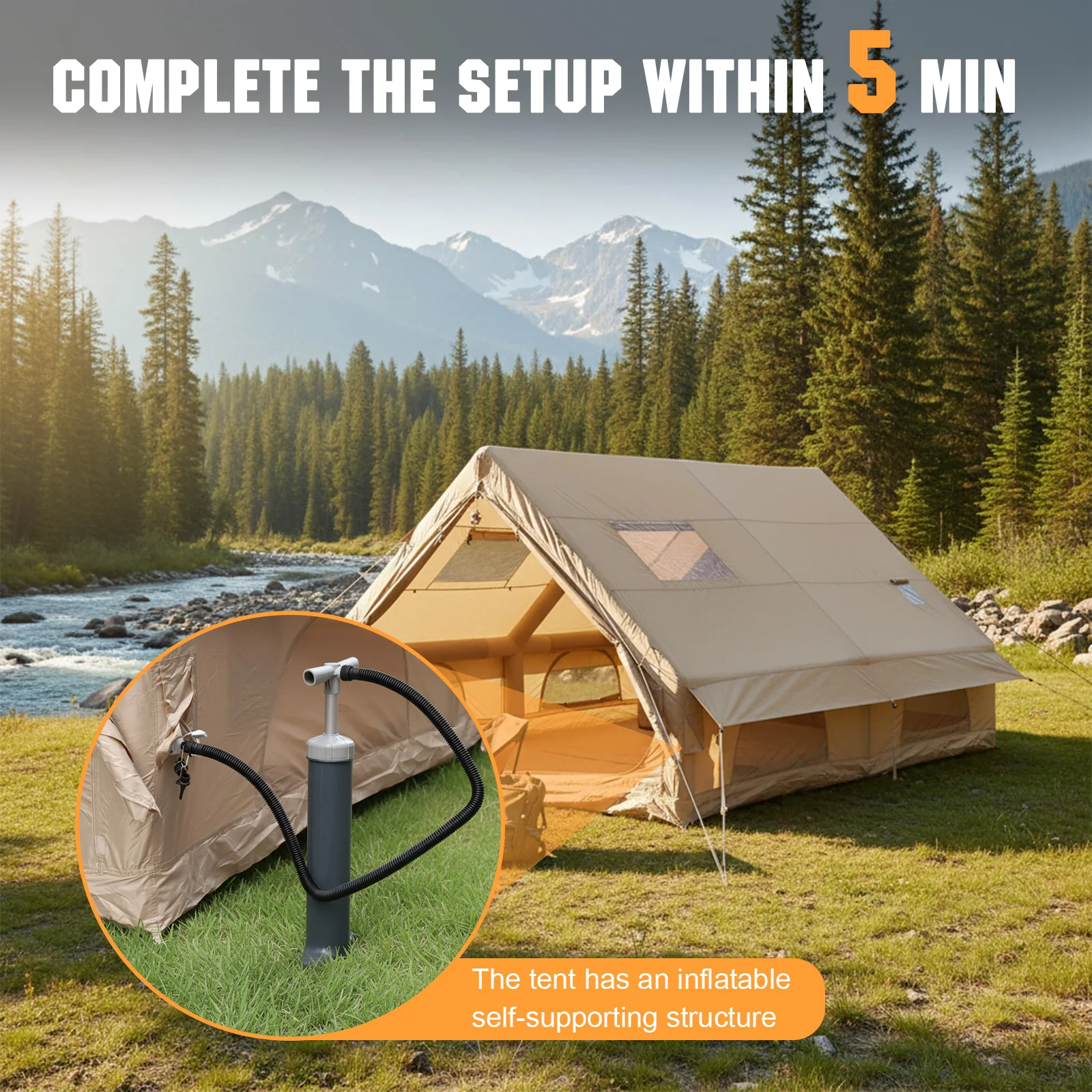 

Inflatable Camping Tents with Mesh Windows & Pump Breathable Blowing Tents 130 Square Feets with Stove Jack for Pincnic & Travel