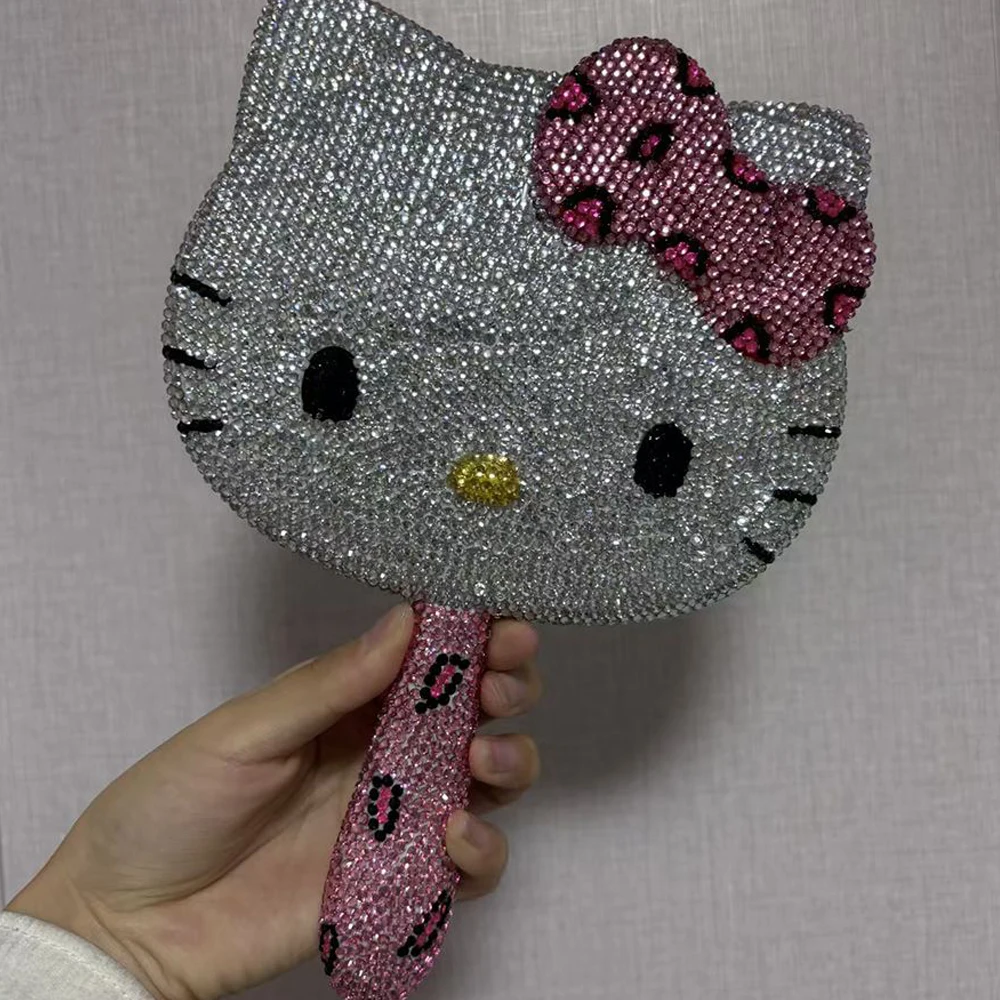 Hello Kitty Kawaii Crystal Mirror Shiny Rhinestones Handheld Mirror Girl Birthday Gift LivingA Room Decoration