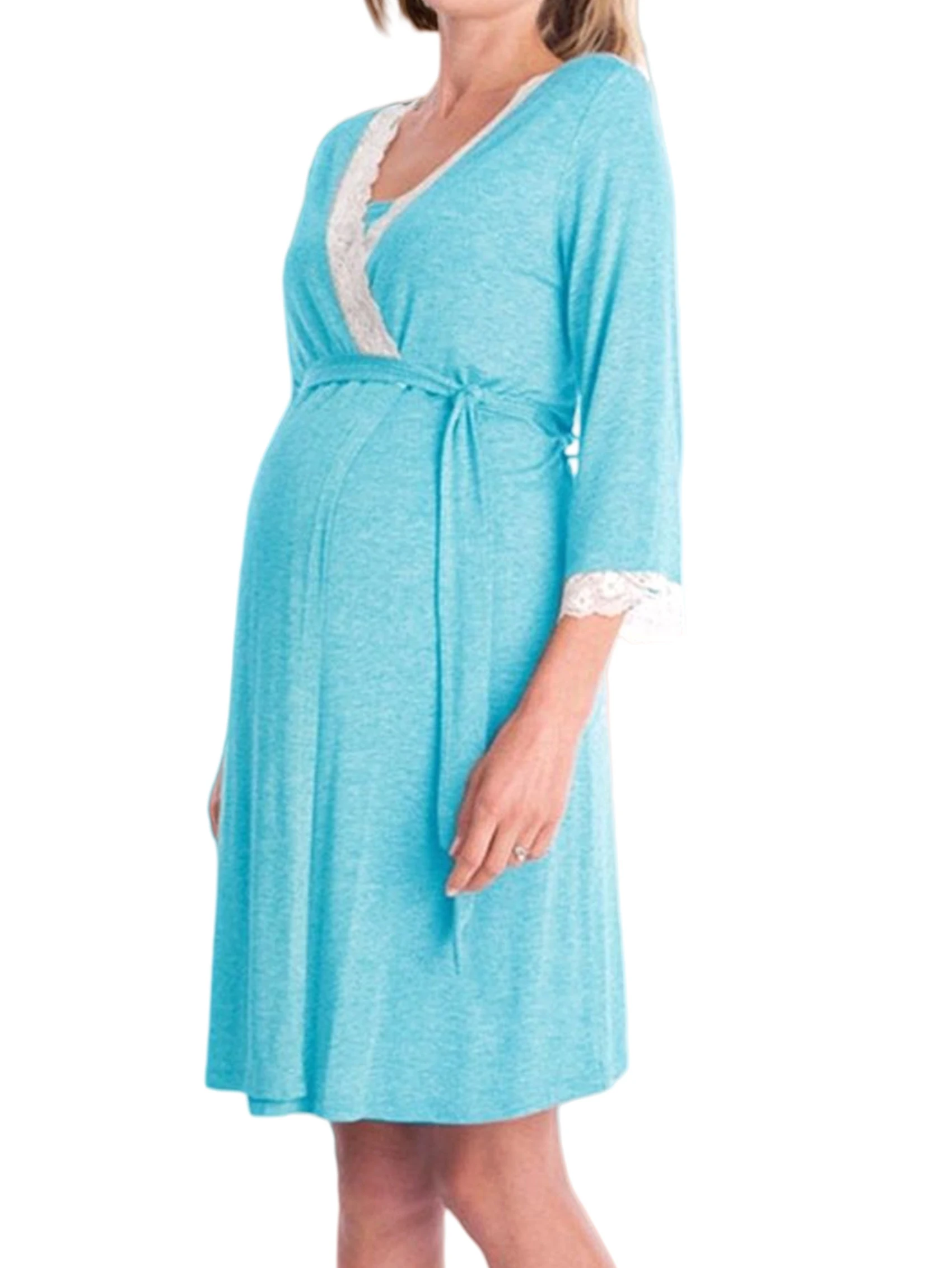 Women's Maternity Robe Pregnancy Breastfeeding Bathrobes Labor Delivery Nightgowns Light Blue M