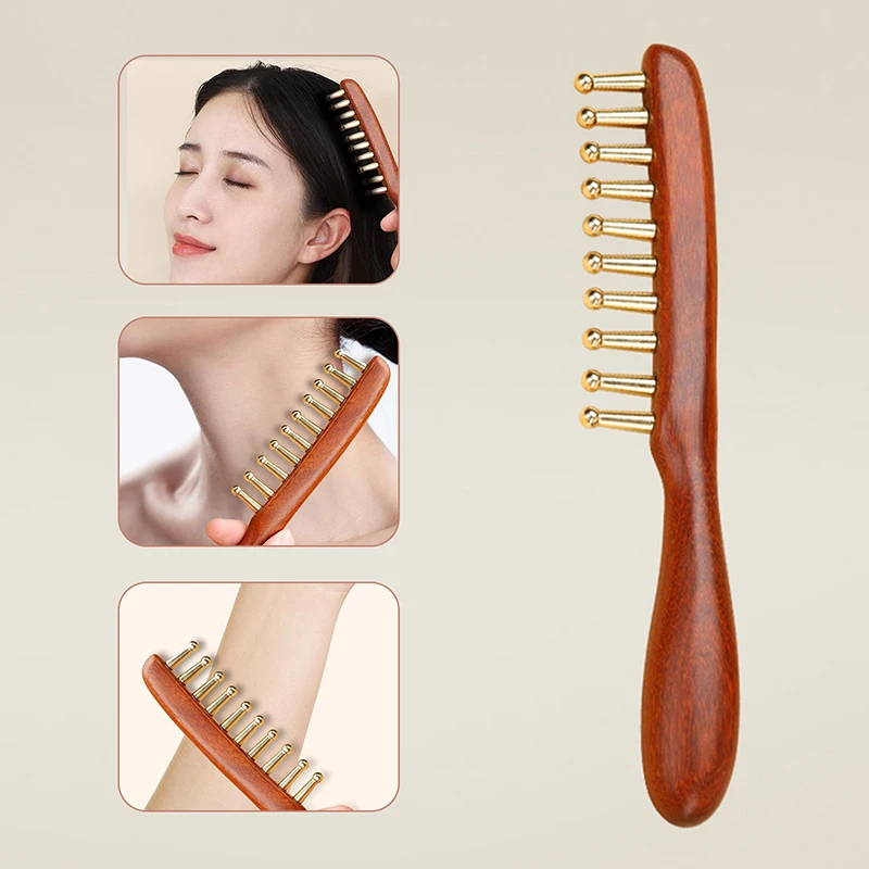 1 Pcs Sandalwood Massage Comb With Wide Teeth Unblocks The Meridians Of The Head The Brass Meridian Scalp And Hair Therapy Comb