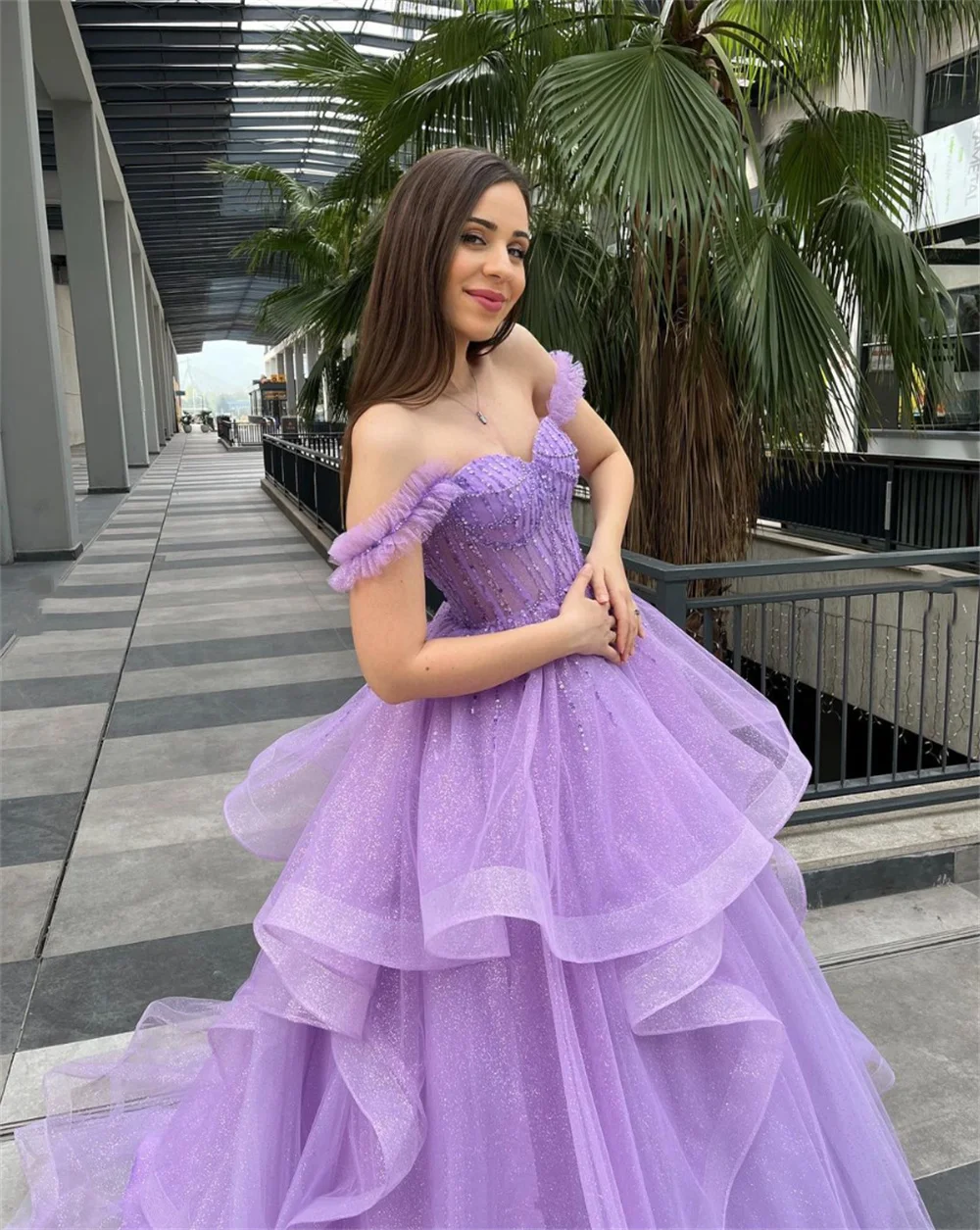 Sansa Purple Off Shoulder Prom Dress Sweet Curling Edge Evening Dresses Shiny Puffy Vestidos De Fiesta فساتين سهرة