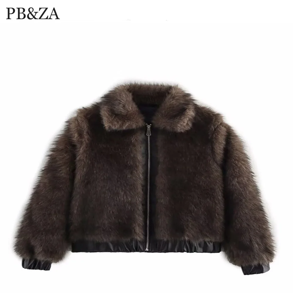 

New Women's Fashion European and American Style Solid Color Plush Leather Splicing Imitation Fur Coat