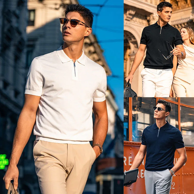 Summer Half-Zip Lapel Short Sleeve Knit Polo Shirt Men's Premium Business Casual Top