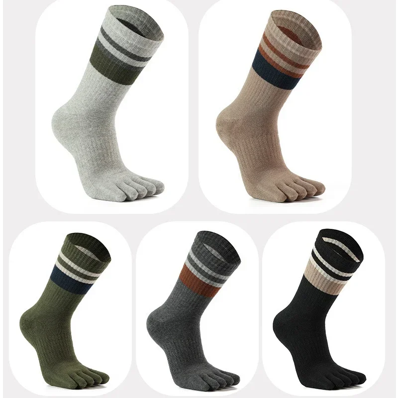 5 pares de calcetines de punta de rizo para hombre, calcetines largos de algodón a rayas, gruesos, suaves, elásticos, absorbentes del sudor, para mantener el calor, vestido de fiesta, calcetines felices de 5 dedos