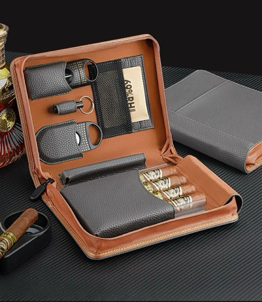 علبة مغذية للسيجار، مجموعة حافظة احتفاظ رطوبة السيجار المحمولة والمحمولة مكونة من أربعة.