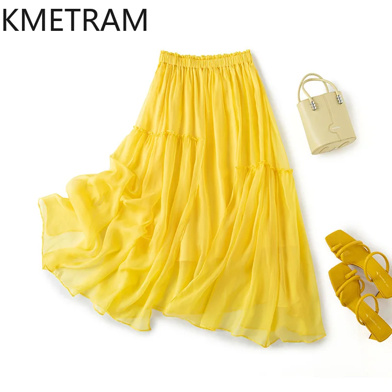 KMETRAM 100% Natural Mulberry Silk Women's Skirts Summer Vacation Long Skirts French Style Flowy Skirt 2026 Woman Clothing юбка