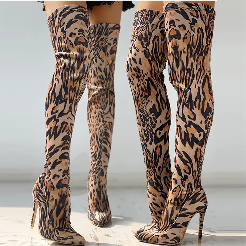 Sexy Leopard Print Elasticity Women Over The Knee Pointed Toe High Heels Lady Winter Thigh High Boots Cloth Shoe