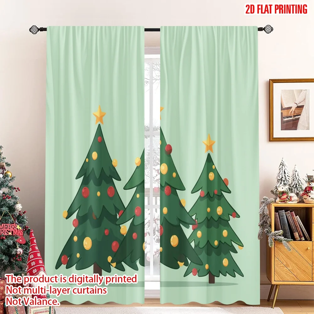 

2pcs 2D flat printing Merry Christmas Popular Curtain Festive Christmas Trees Holiday Illustration 100% Polyester Without
