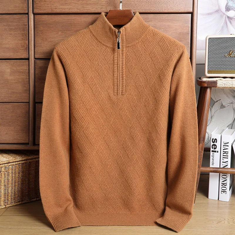 Autumn Winter New Men\'s Pullover Thickened Warm Striped Jacquard Zipper Half High Collar Korean Fashion Casual Knitted Sweater24