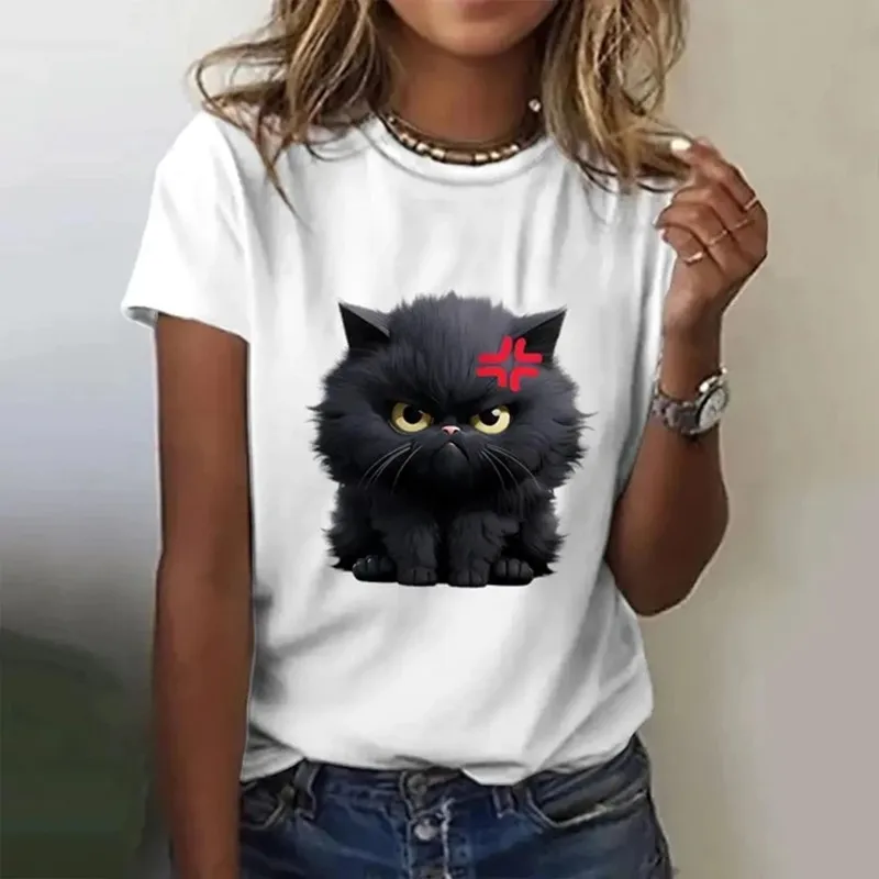 Cute Cat Printed Women's T-shirt Summer Comfortable White T-shirt Fashion Casual T-shirt Round Neck Retro Casual Women's Top