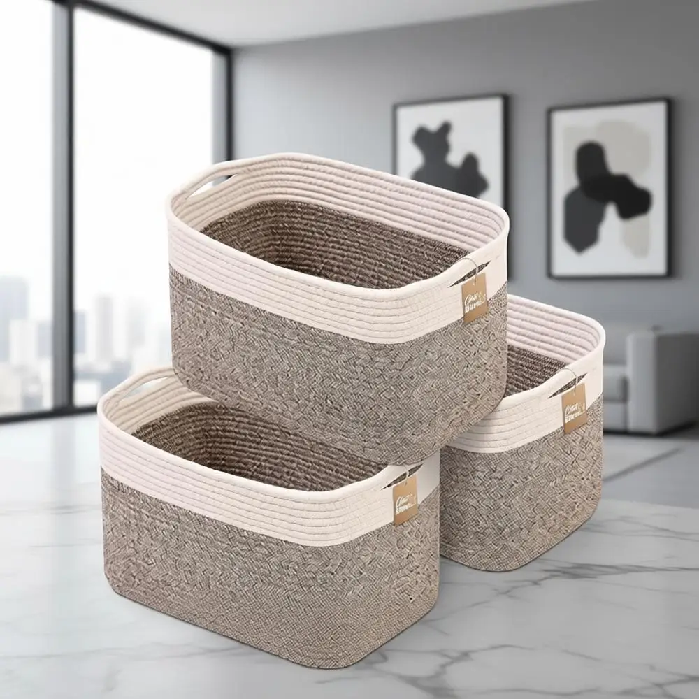 

15x10x9 Cotton Rope Storage Baskets - Versatile Organizers for Laundry, Toys, and More in White & Brown (3 Pack)