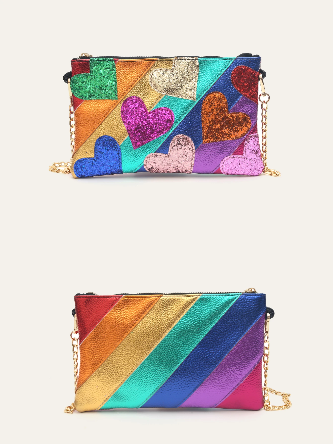 Women Fashionable Shiny Sequins PU Leather Patchwork Clutch Bag Colorful Heart shaped Applique Zip Handbag Long Chain Date Party