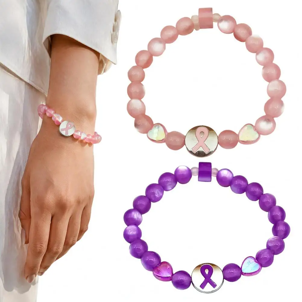 Breast Cancer Awareness Bracelets Elegant Ribbon Charm Beads Elastic Bracelet Encouragement Jewelry Gifts for Women