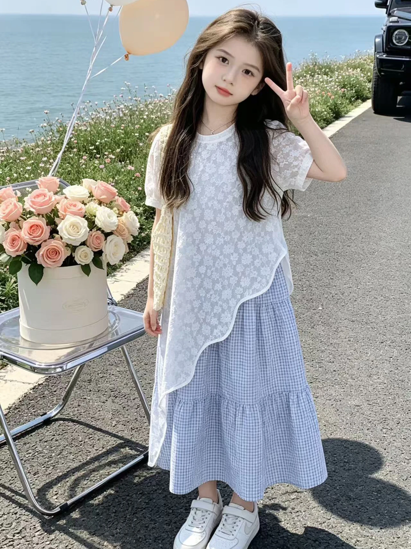 Vestido de Verão Estilo Princesa para Meninas, Roupa Infantil Moderna e Elegante, Conjunto de Duas Peças com Saia Rodada e Ma...