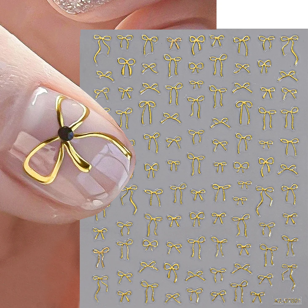 1 Sheet 5D Gold Bow Nail Art Sticker Decals Self-Adhesive Ribbon Knot Slider Decals for Press on Nails Bowknot Manicure Supplies