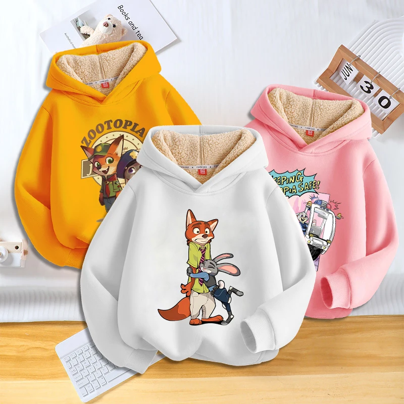 

Детская теплая толстовка с капюшоном из фильма Zootopiaed, милая флисовая одежда с героями мультфильмов для мальчиков и девочек, зимняя уличная одежда с длинными рукавами, пуловер на день рождения