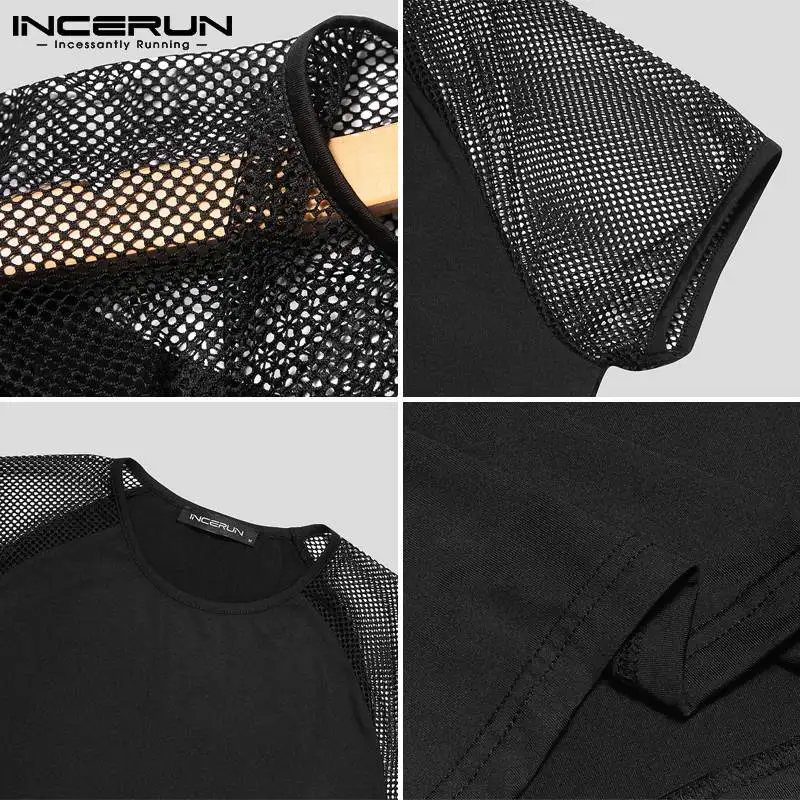 INCERUN 2023 Men T Shirt Mesh Patchwork O-neck Short Sleeve Casual Tee Tops Men Sexy Streetwear Summer Stylish Camisetas S-5XL