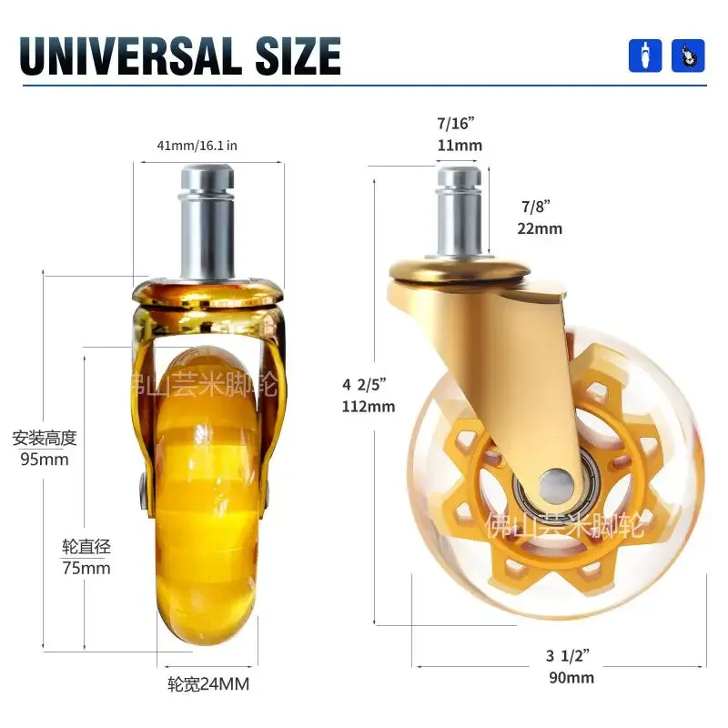 5 Pcs 3 inch Clear Swivel Casters For Office/gaming Chairs - PU Silent Wheels With Stem Insert (11x22mm)