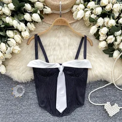 Vintage Striped Hotsweet Fake Tie Chic Slim Camis Straps Tank Top Women Korean Fashion Streetwear High Street Summer Clothing