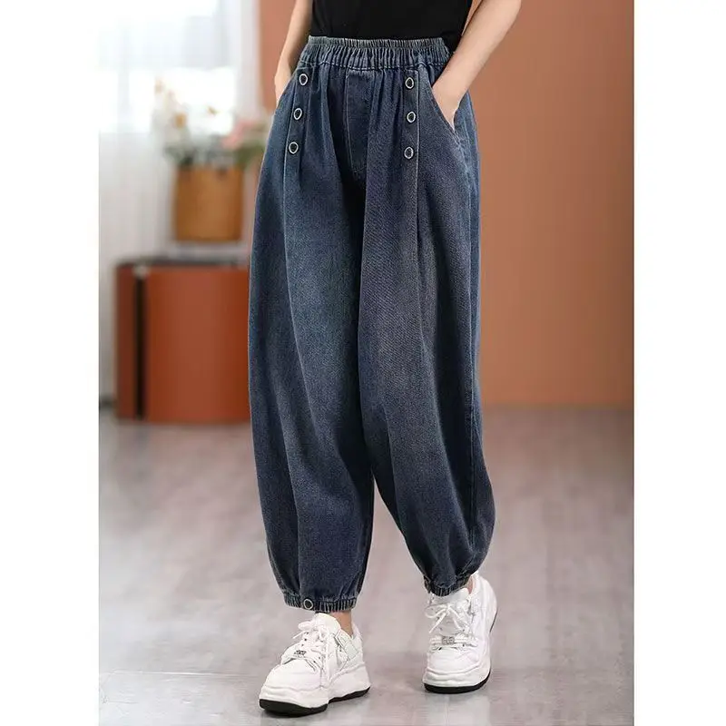 

plus Size Women's Casual Pants High Waist Patchwork Nine-Tenths Dad Pants Straight Leg Artistic Commute Style Summer 2026