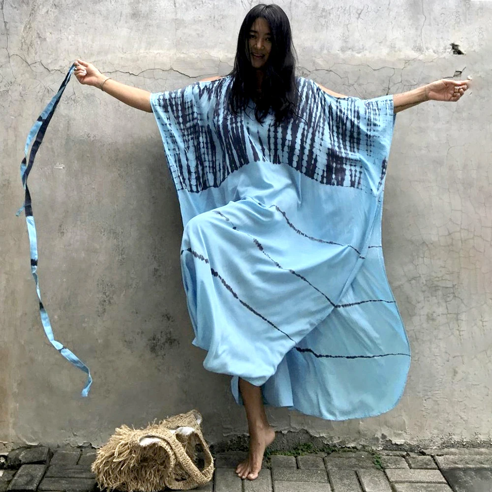 

Beach Outing Rayon Tie Dye Long Dress Women Swimsuit Cover Up Boho Fashion Dresses Retro Striped Self Belted Kaftan Beachwear