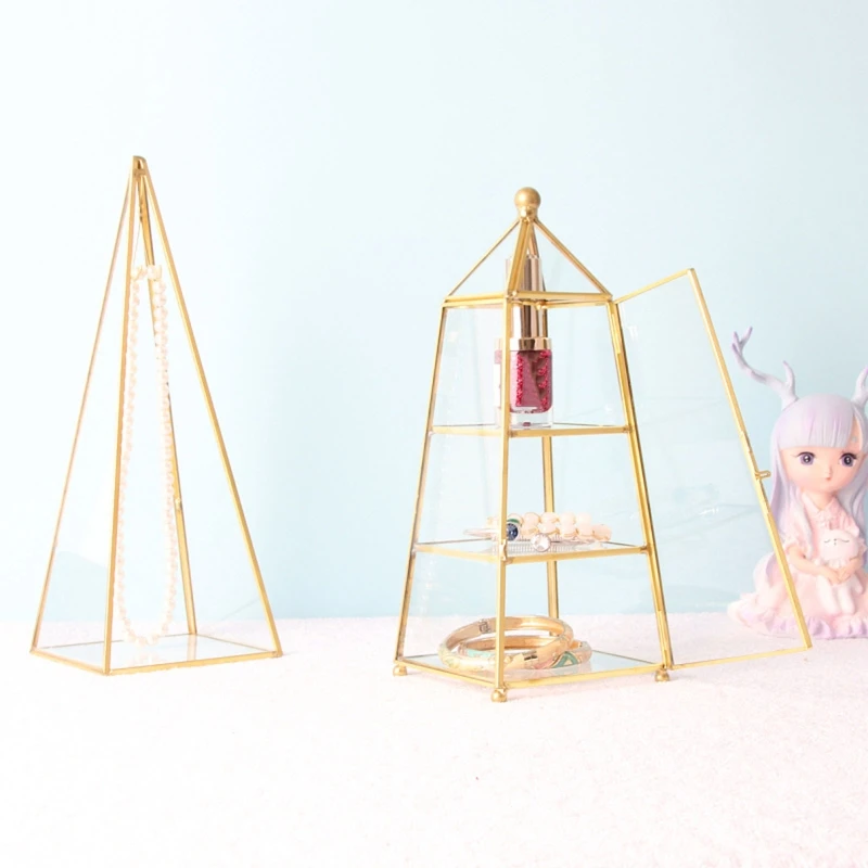 Q0KE Gold Plated Pyramid A-Line Jewelry Rack Stand Holder with Tray for Earrings Necklace Jewelry Hanging Supplies