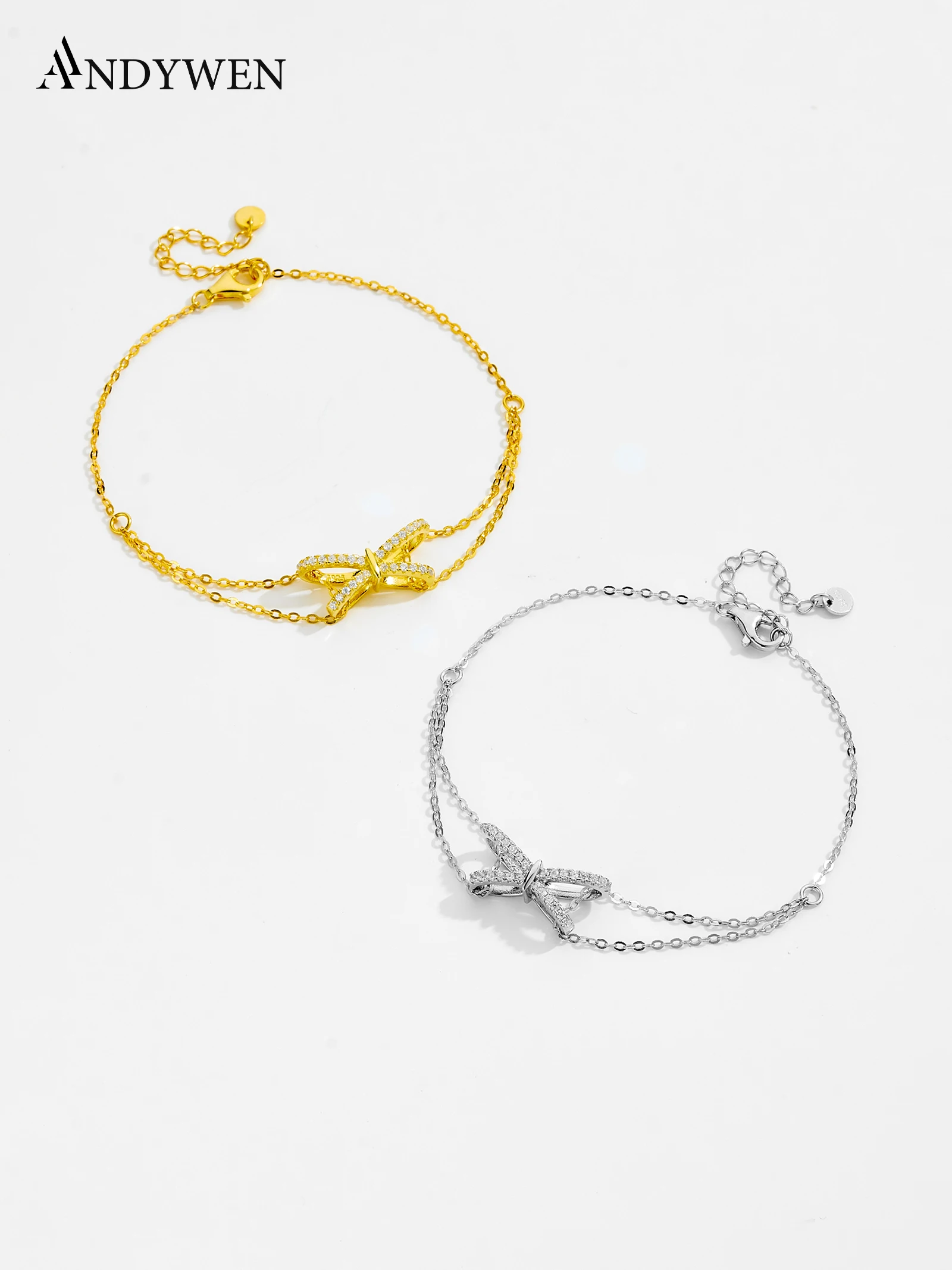 

ANDYWEN 925 Silver Double Chain Bracelet, 5A Zirconia Butterfly Charm, Adjustable Romantic Jewelry for Women Dainty Gift for Her