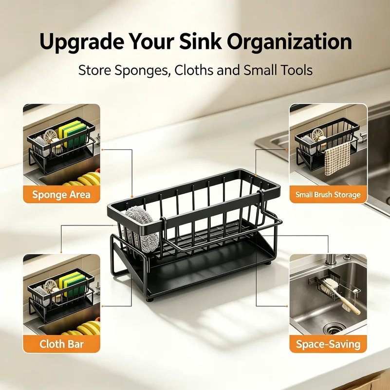 Kitchen Sponge Holder Drain Rack Sink Organizer for Dish Cloth Scrubber Storage with Hanging Hook