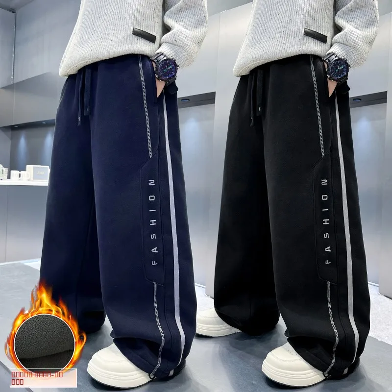 

Утепленные вязаные повседневные брюки для мальчиков с вышитыми надписями, свободного кроя, спортивные, осенне-зимние, детские штаны