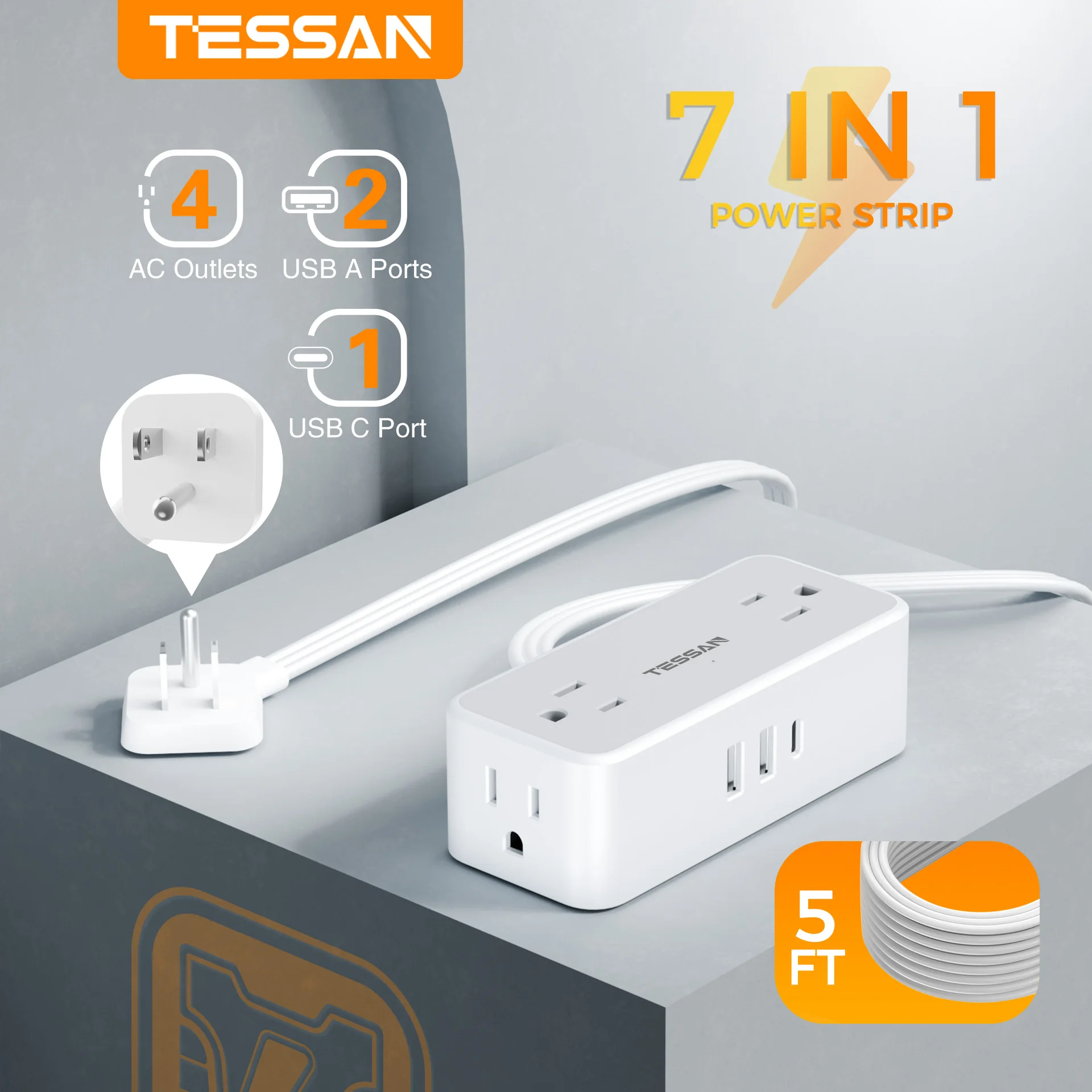 TESSAN Flat Plug Power Strip with 4 AC Outlets & 3 USB(1 USB C)5 ft Ultra Thin Small Extension Cord for Travel, Home, Office