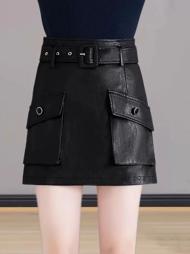 Y2K بو الجلود تنورة النساء ملابس العمل عالية الخصر التخسيس ألف خط الورك المعانقة قصيرة الخريف #4