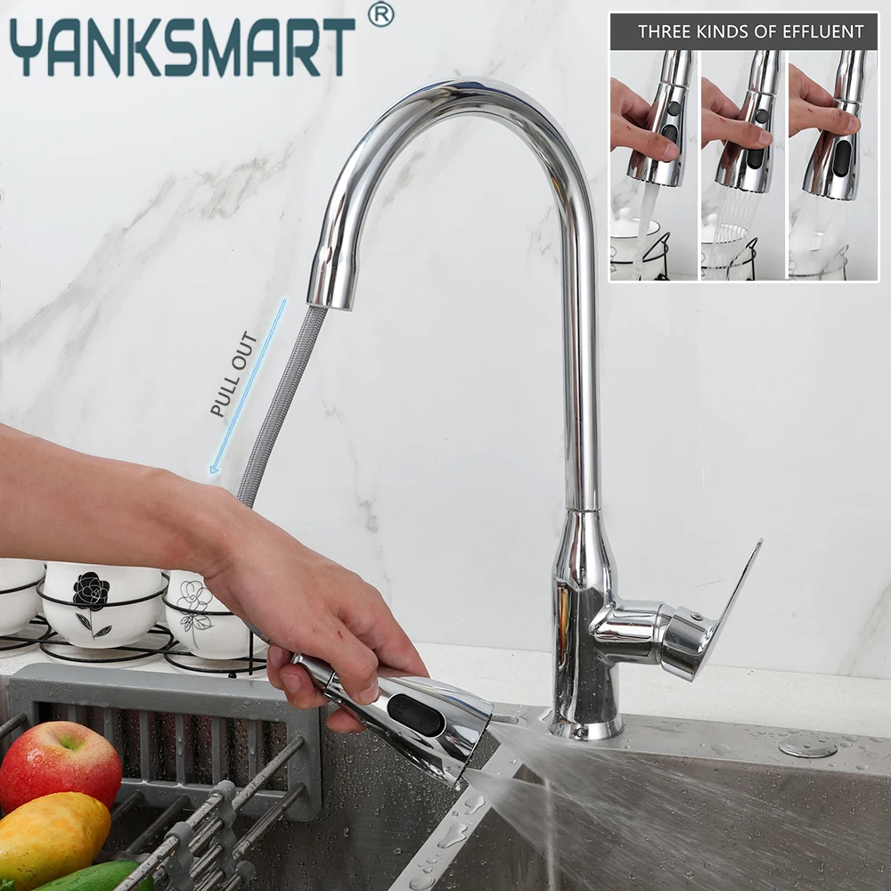 

YANKSMART Luxury Kitchen Faucet 3-ways Spout Pull Out Sprayer 1 Handle Mixer Tap 360 Rotation Crane Deck Mounted Sink Faucets