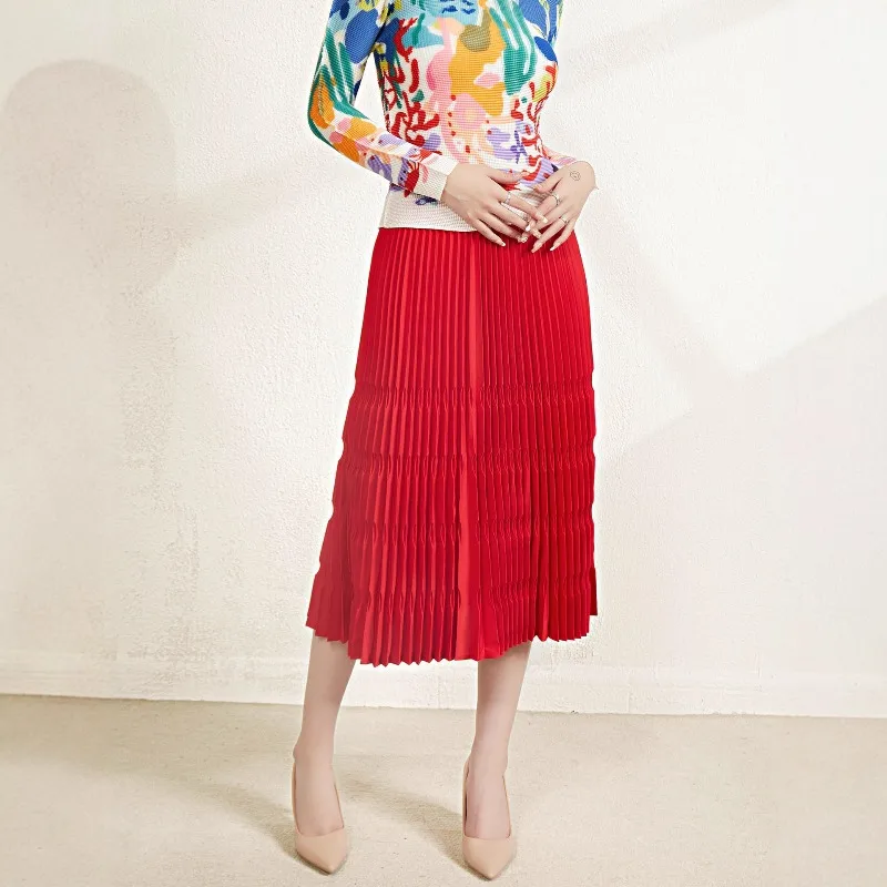 Miyake A Pieghe 2026 Primavera e L'Estate Nuovo Stampaggio Stereoscopico Retro Rosso Gonna A Pieghe Femminile di Nicchia A-line Bustier Gonna Pieghe