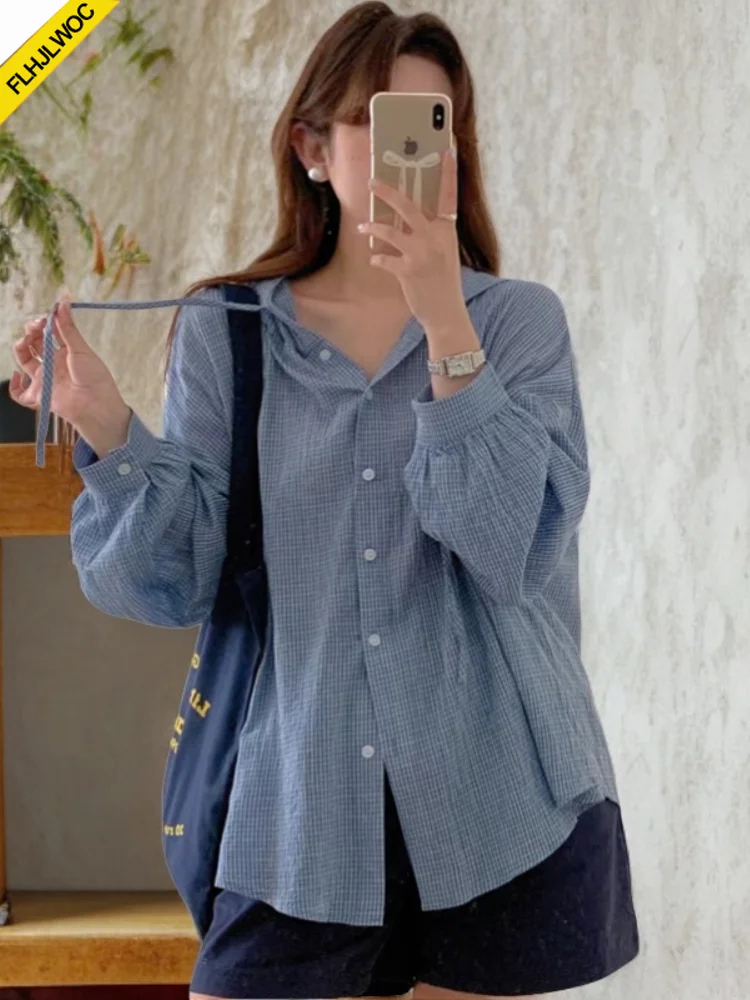 Oversize Loose Women Cute Tops Preppy Style Vintage Japan Korea Design Single Breasted Button Elegant Blue Plaid Shirts Blouses