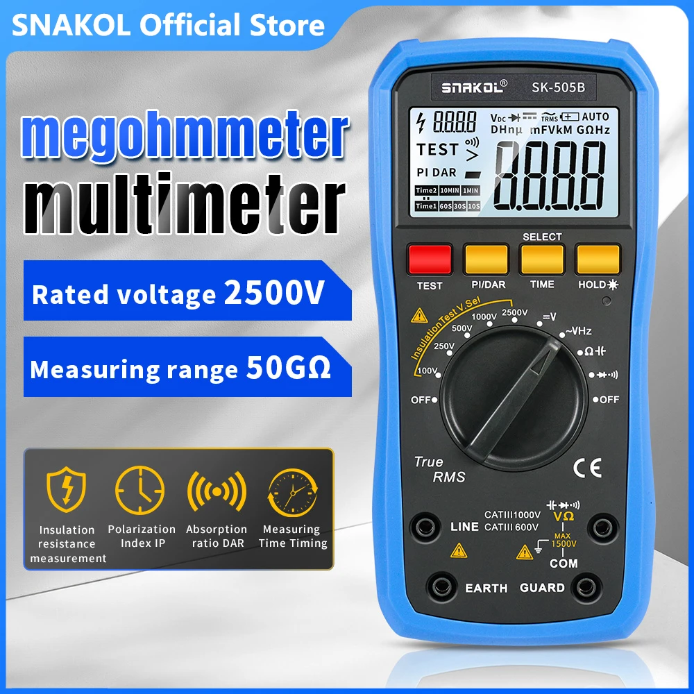 SNAKOL SK-505B 2-in-1 Insulation Resistance Meter Multi-function Digital Multimeter 2500V Megohmmeter Resistor Tester Auto Range