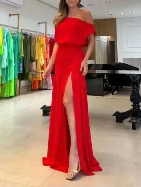 

Summer Fashion Elegant Oblique Neck Split Evening Dress Women Sexy Off Shoulder Solid Split Dress Women