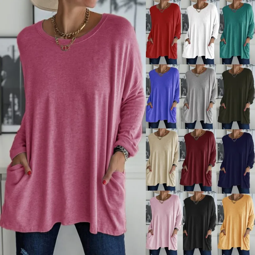 Woman's Tshirts Superior Quality spring/summer Long Sleeve Loose O Neck Solid Color Ladies Top t-shirt Dropshipping BKL19236