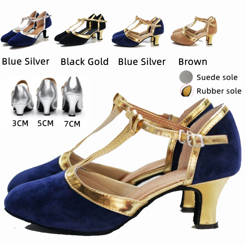 Women Latin Dance Shoes Female Salsa Sandals Soft Sole Ladies Suede Upper T Strap Ballroom Tango Samba Party Dance Shoes