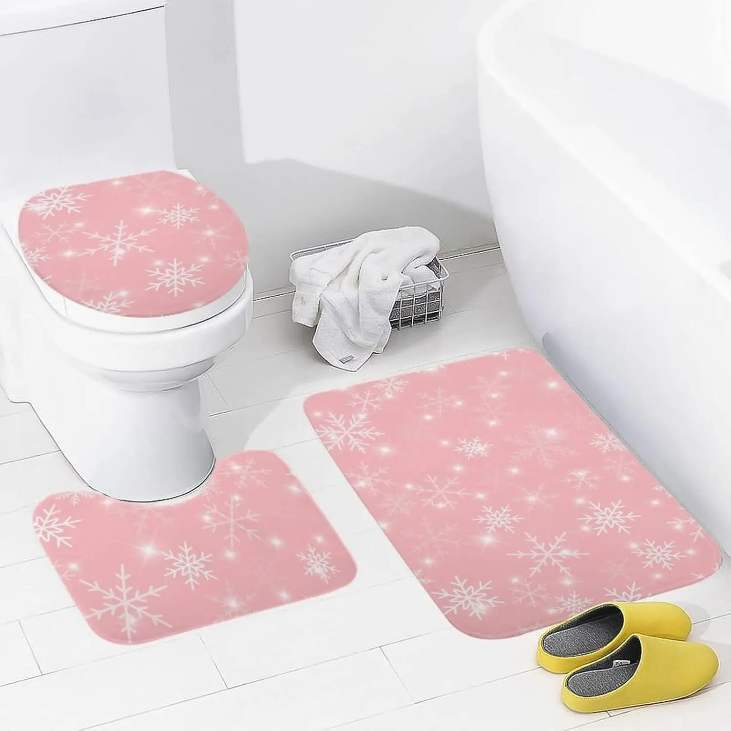 

Pink Snowflakes Girly Heart Home Warm Christmas Festival Decorations and Accessories Bathroom 3Pcs/set Mats Toilet Floor Carpets