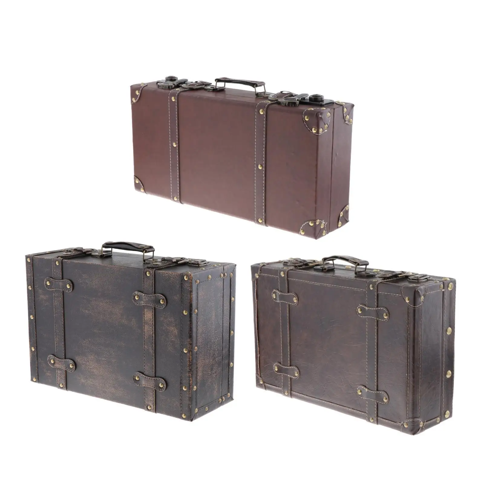 Retro Wood Leatner Suitcase Old Style Decorative Travel Luggage Case Storage Box with Strap Jewelry Box Gift Home Decor