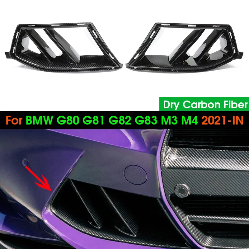 Dry Carbon Fiber Front Bumper Fog Light Cover 1/2 Fin Air Vent Cover Trim Outlet Intake Frame For BMW G80 G82 G83 M3 M4 2021-IN