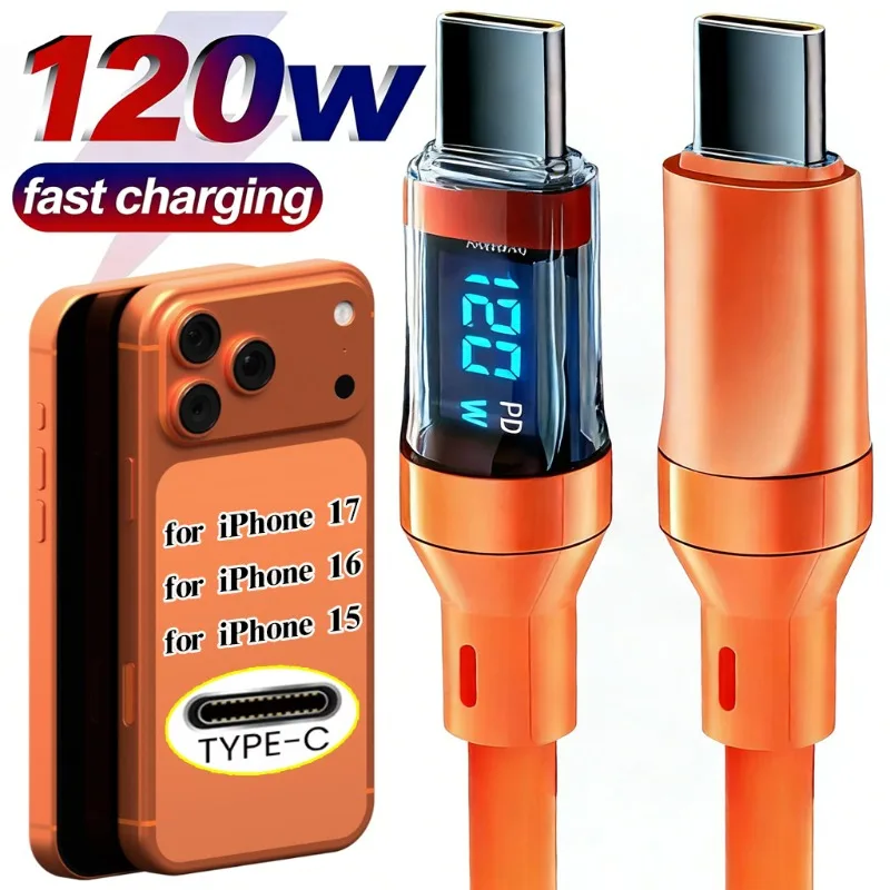 

PD 120 Вт USB C — тип C Кабель со светодиодным дисплеем Кабели для быстрой зарядки для iPhone 17 16 15 Samsung Dual Type-C Lightning Шнур зарядного устройства