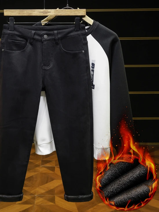 

Мужские джинсы Thiened Fce Lined со средней посадкой, на молнии, облегающие, повседневные, теплые, осенне-зимние, новинка, корейская версия