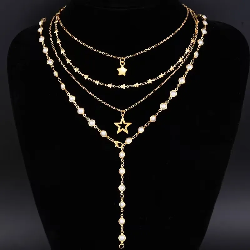 Golden-Toned Layered Y-Shape Long Chain Necklace for Women Star & Faux Pearl Stackable Multi-Layer Chain Jewelry Gifts