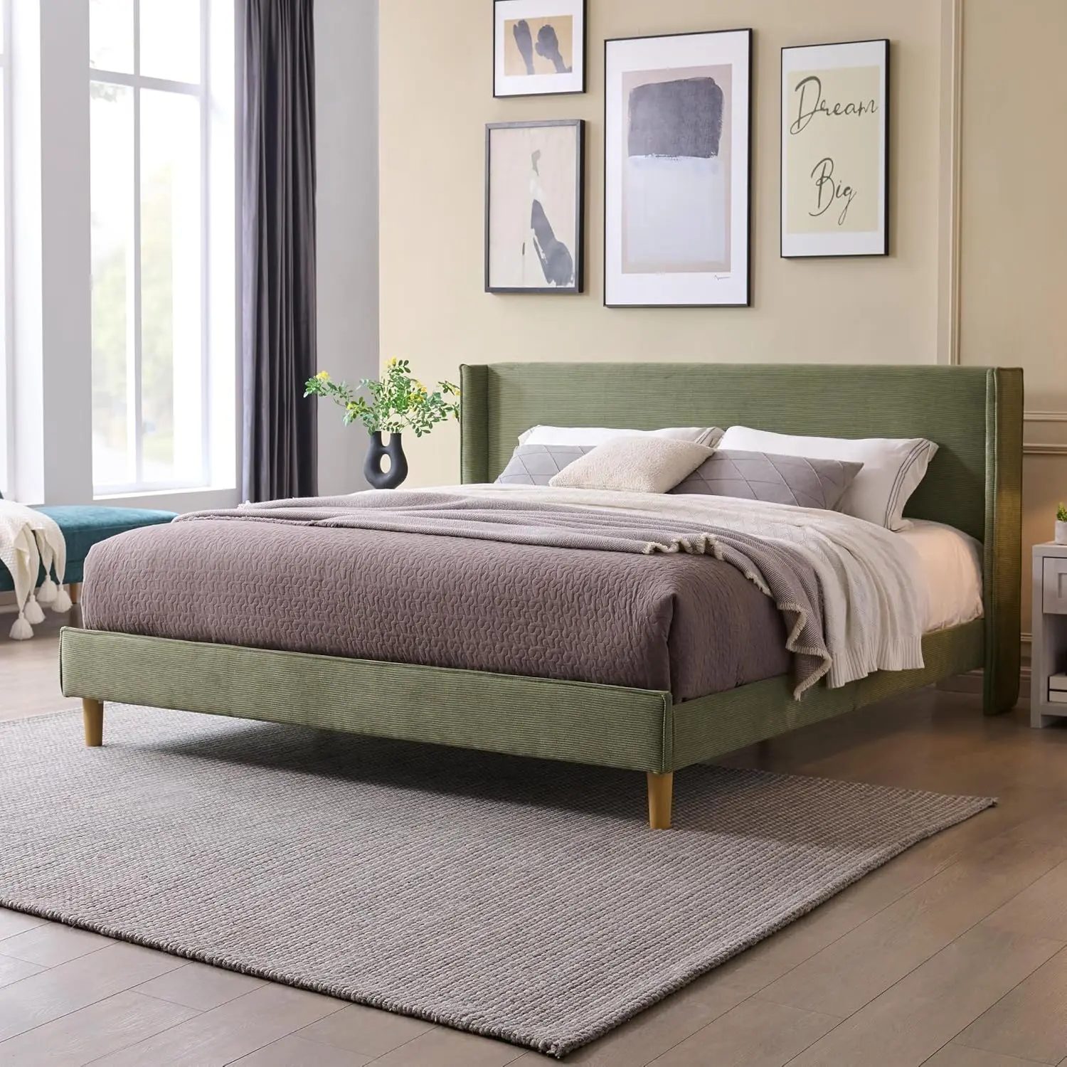 Corduroy Upholstered Platform Bed Wingback Headboard, Customized