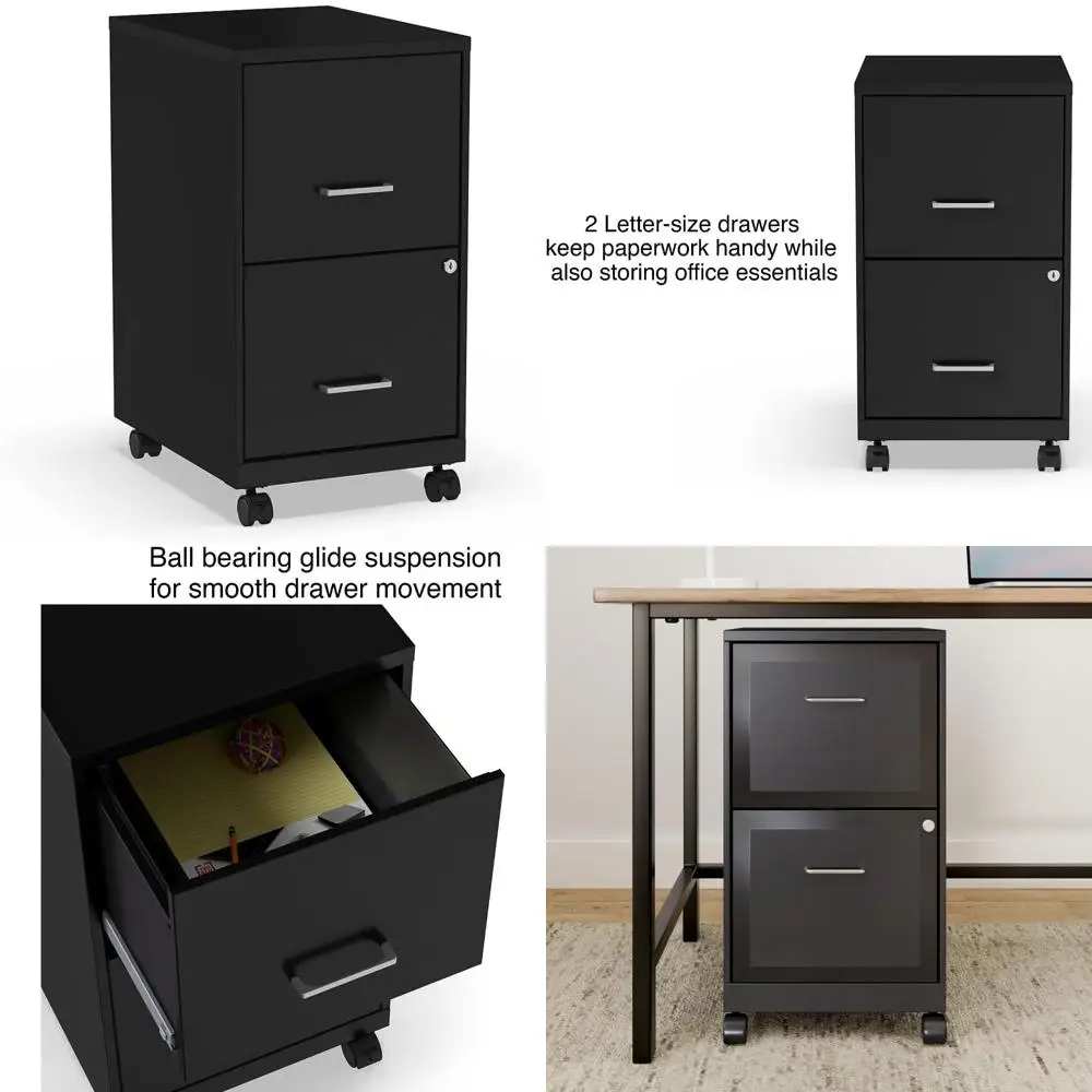 

Vertical File Cabinet, 2-Drawer, Letter Size, Lockable, Mobile, 18 Depth x 14 Width x 26.3 Height, Black