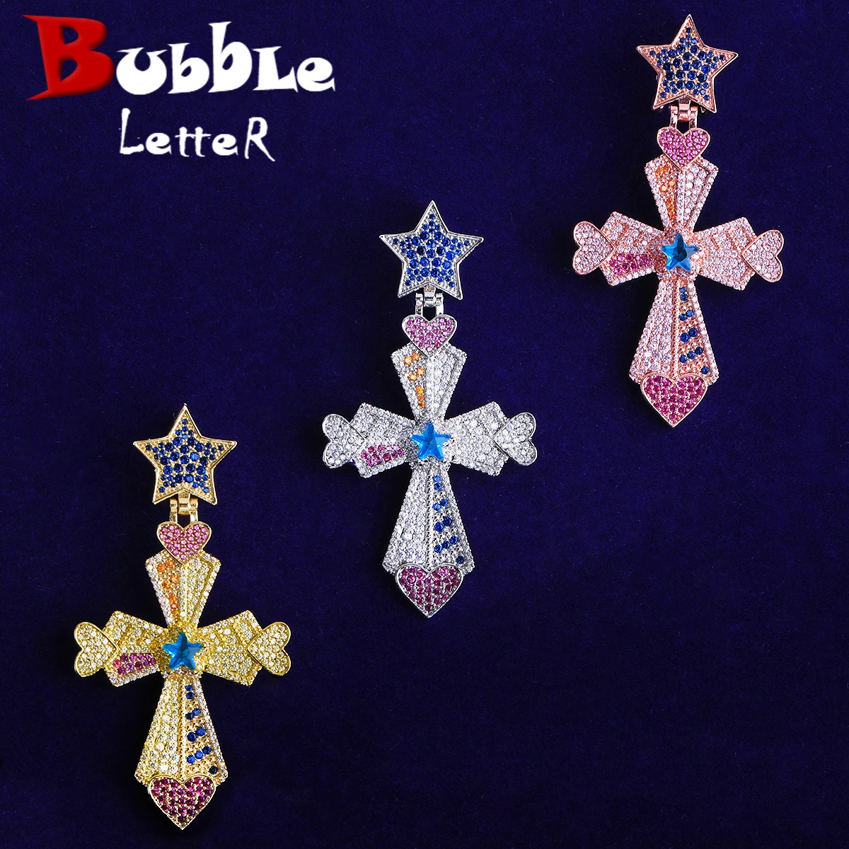 Bubble Letter Iced Out Colorful Cross Heart Arrow Star Bail Necklace Pendant Men Gold Plated 5A Cubic Zirconia Hip Hop Jewelry