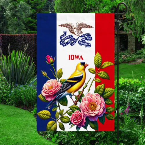 Iowa State Flag Eastern Goldfinch Bird and Wild Rose Flower Garden Flag